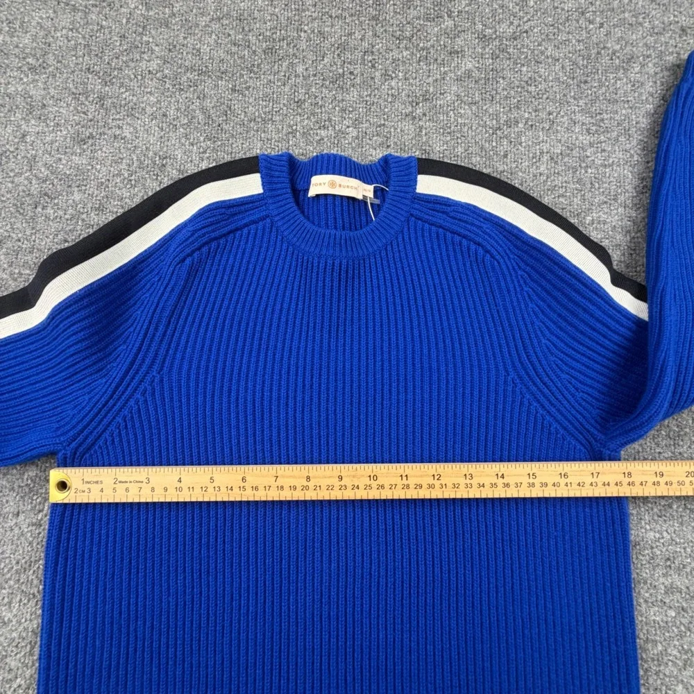Tory Burch Blue Performance Merino Wool Ribbed Racing Stripe Sweater XS NWOT